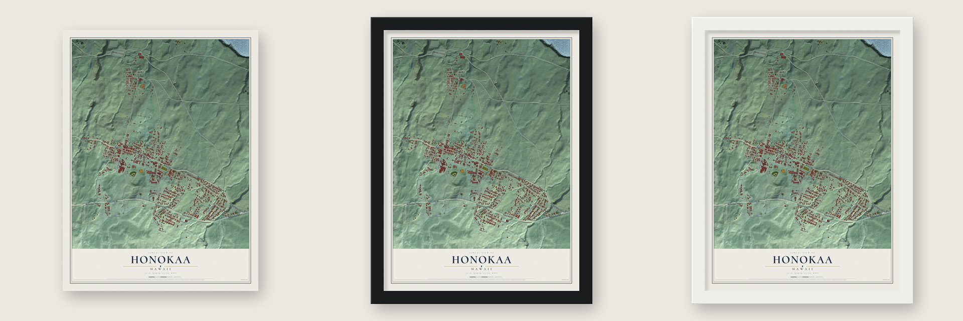 Honokaa, Hawaii map unframed, in a black wood frame and in a white wood frame