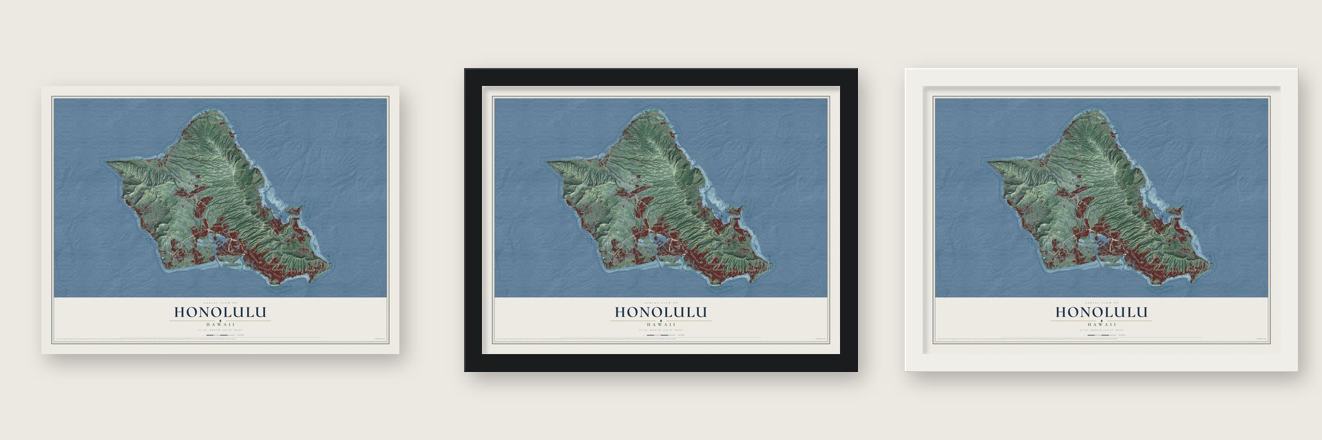 Honolulu, Hawaii map unframed, in a black wood frame and in a white wood frame