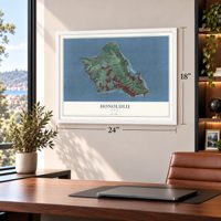 Honolulu, Hawaii map, 18 x 24 inch print in a white frame in a home office