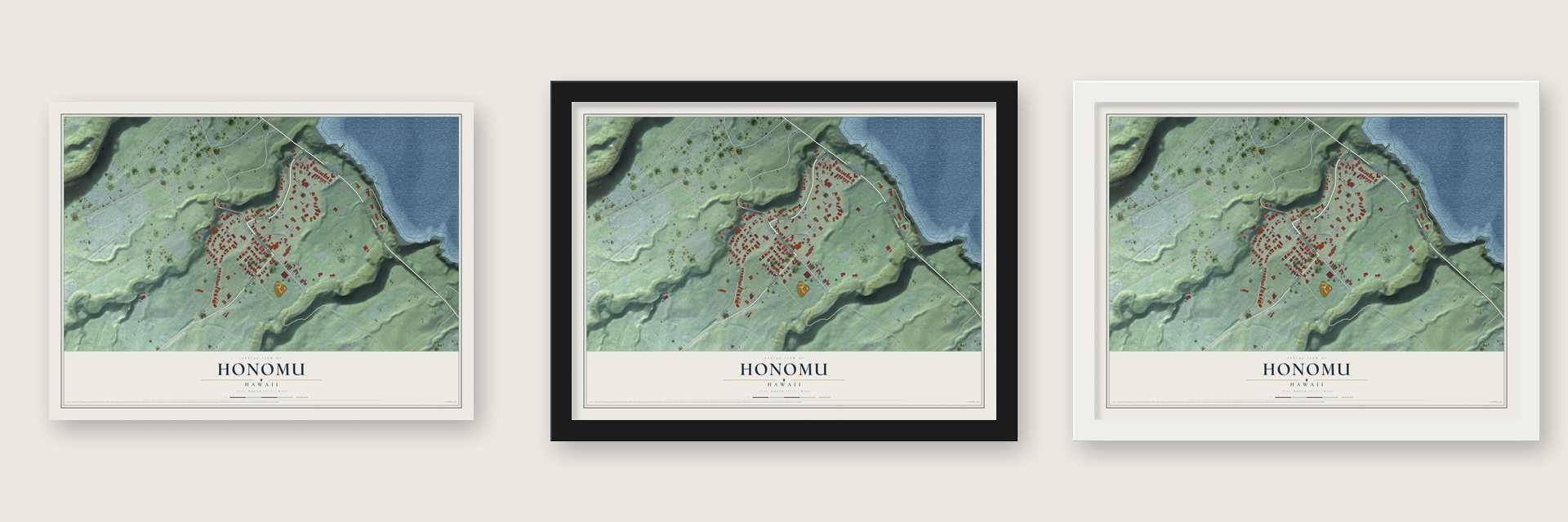 Honomu, Hawaii map unframed, in a black wood frame and in a white wood frame
