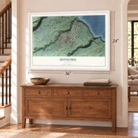 Honomu, Hawaii map, 24 x 36 inch print in a white frame above a dresser by a staircase