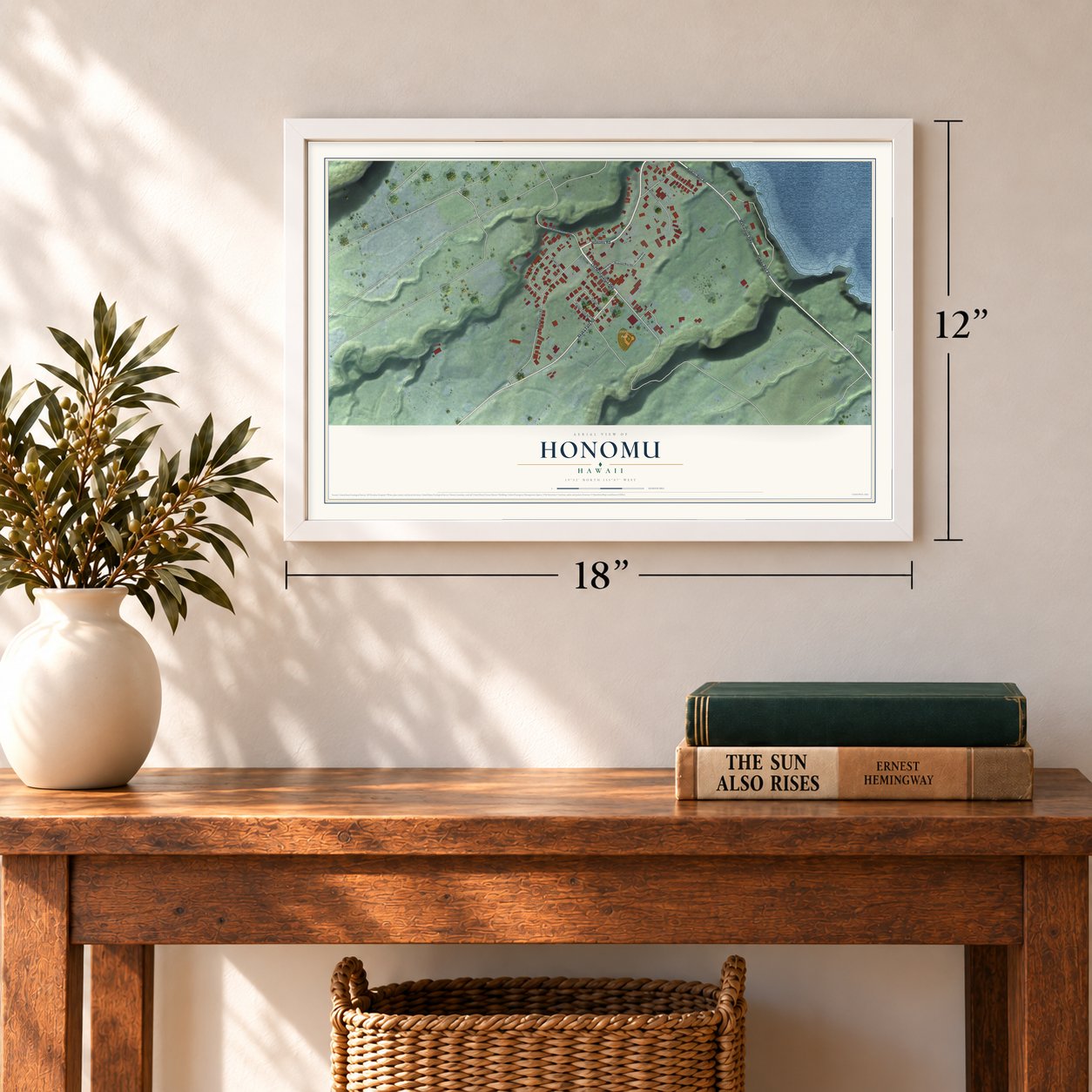 Honomu, Hawaii map, 12 x 18 inch print in a white frame in an entryway