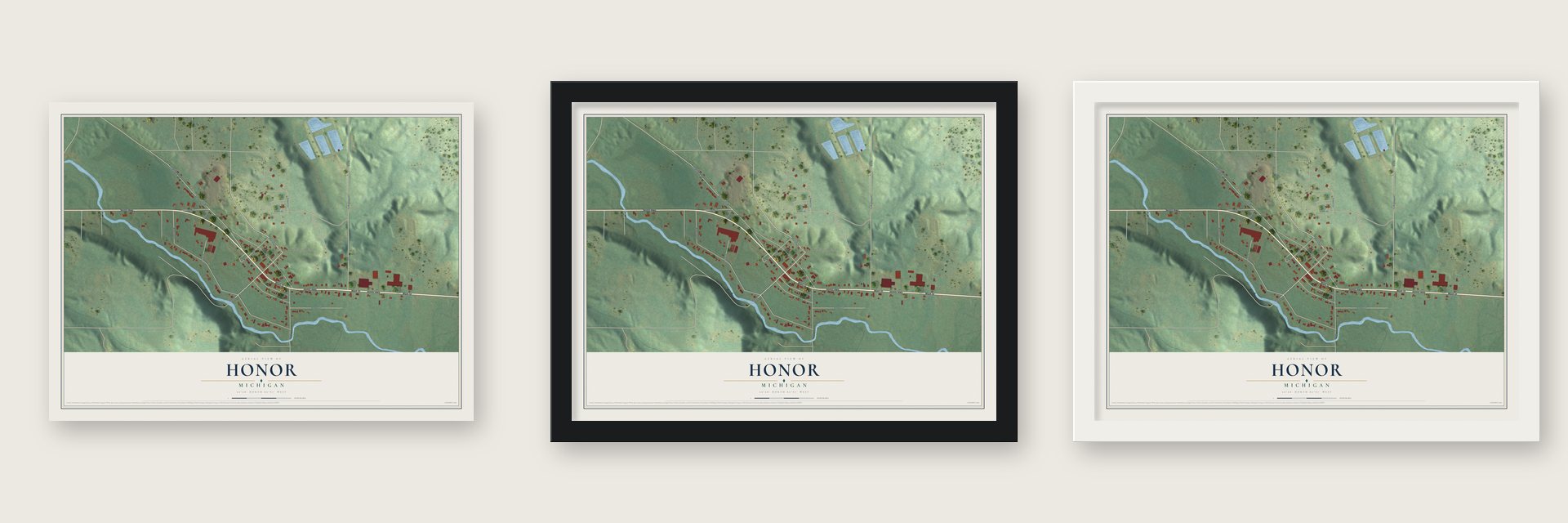 Honor, Michigan map unframed, in a black wood frame and in a white wood frame