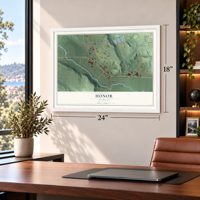 Honor, Michigan map, 18 x 24 inch print in a white frame in a home office