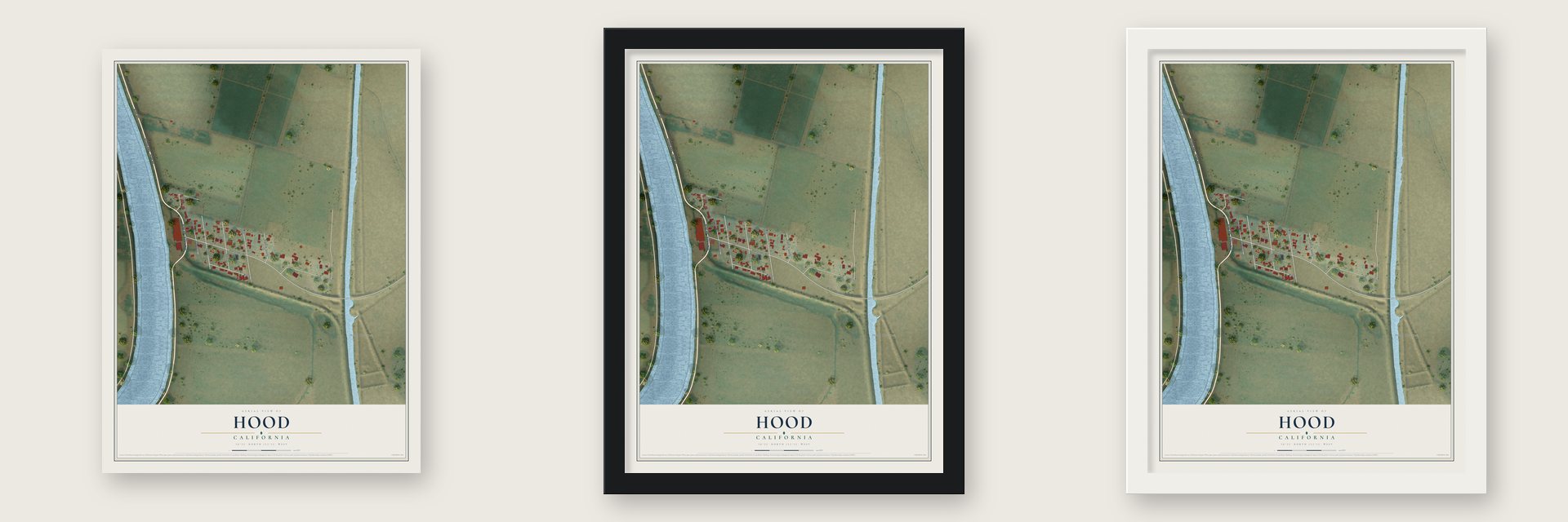 Hood, California map unframed, in a black wood frame and in a white wood frame