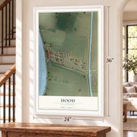 Hood, California map, 24 x 36 inch print in a white frame by a staircase