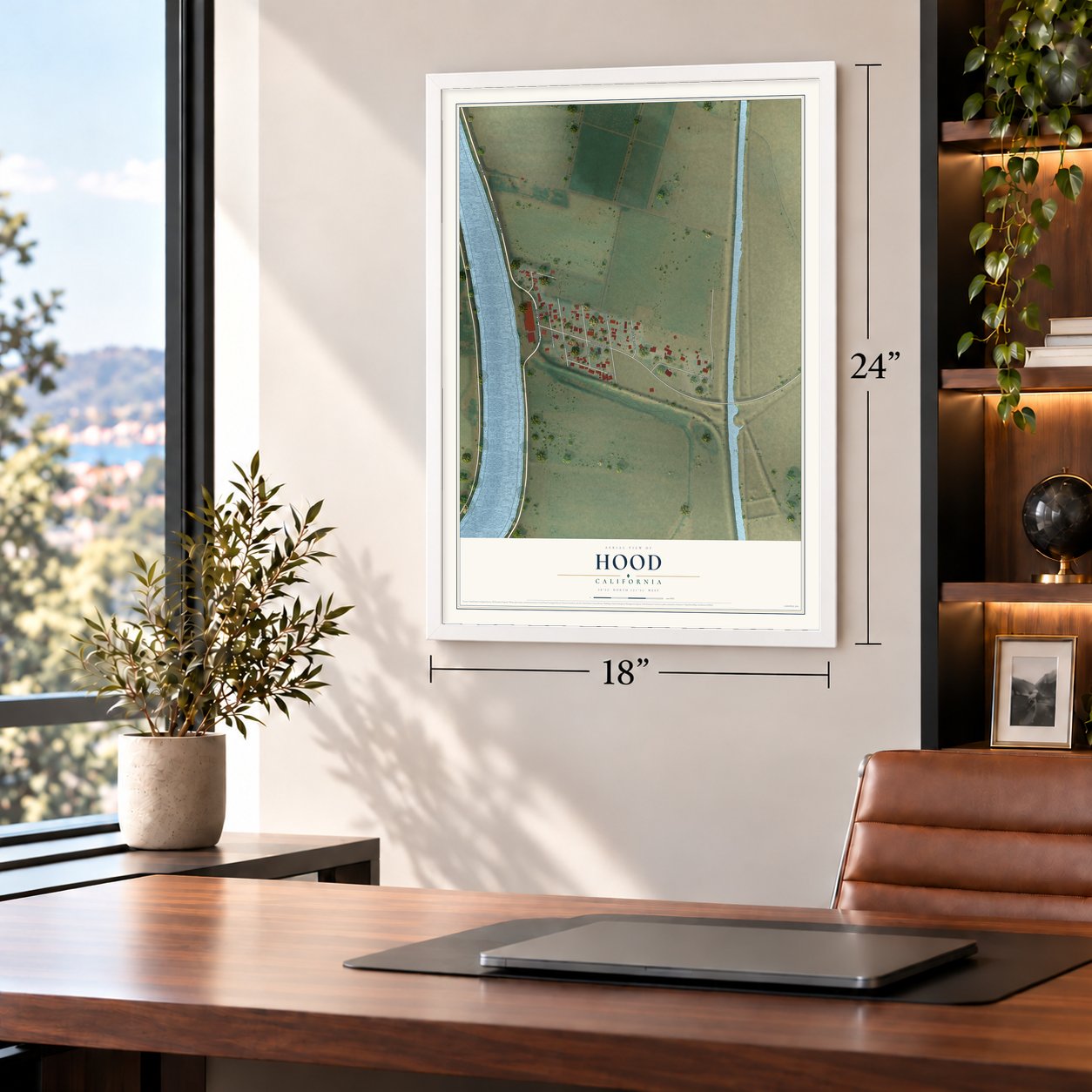 Hood, California map, 18 x 24 inch print in a white frame in a home office