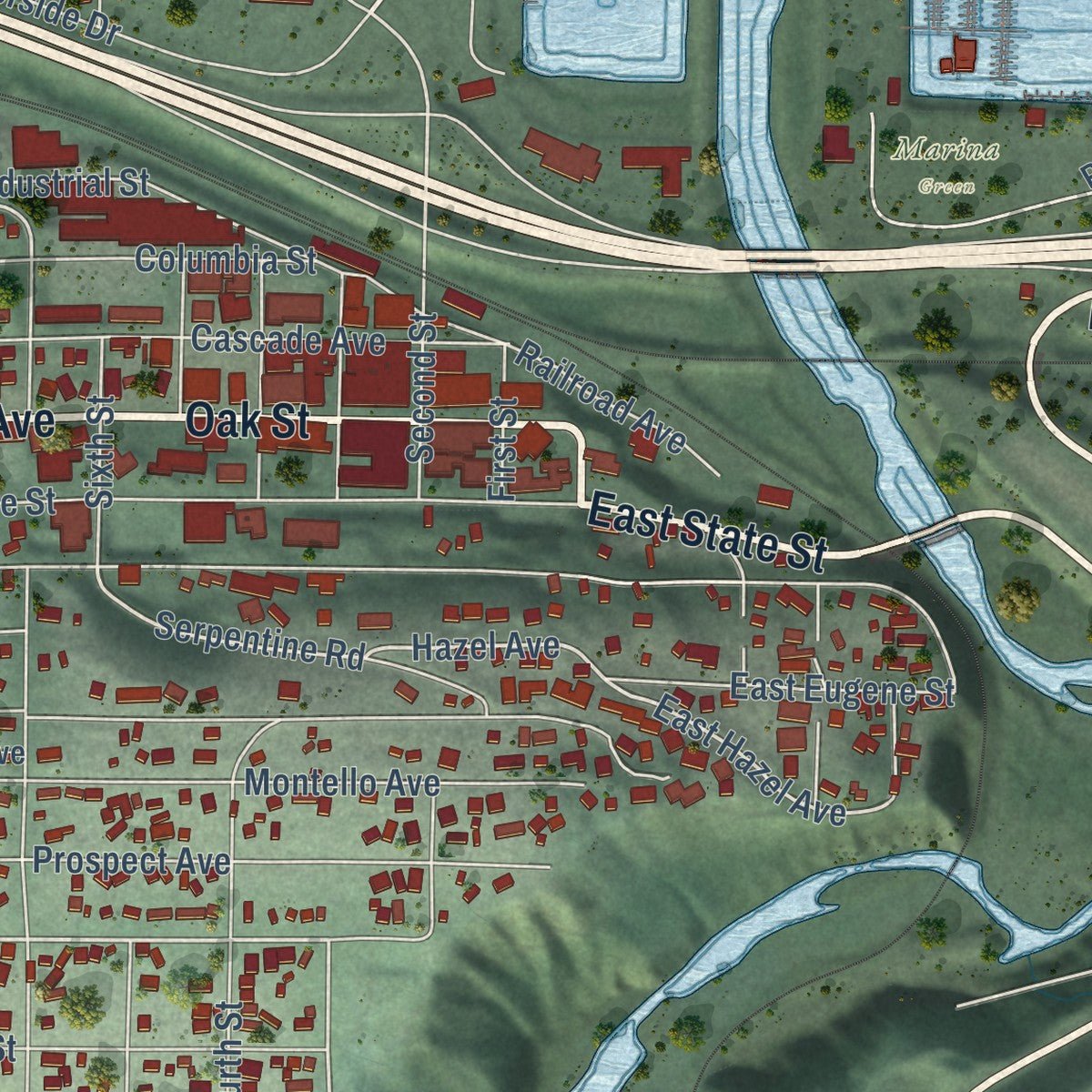 Second close-up of the map of Hood River, Oregon print showing more streets and buildings