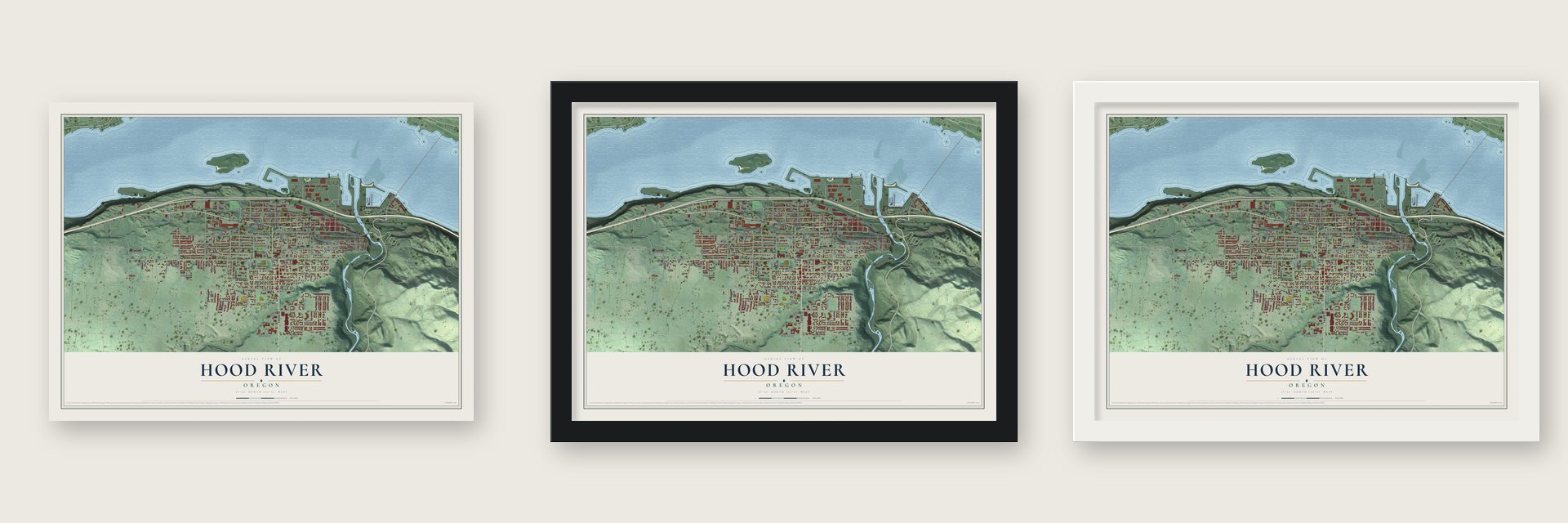 Hood River, Oregon map unframed, in a black wood frame and in a white wood frame