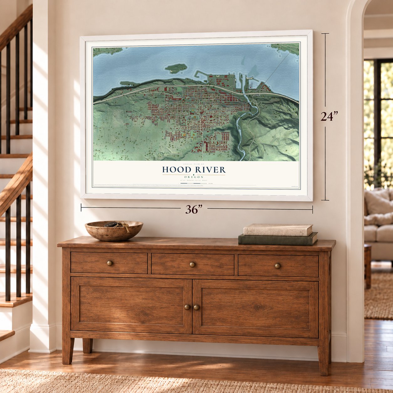 Hood River, Oregon map, 24 x 36 inch print in a white frame above a dresser by a staircase
