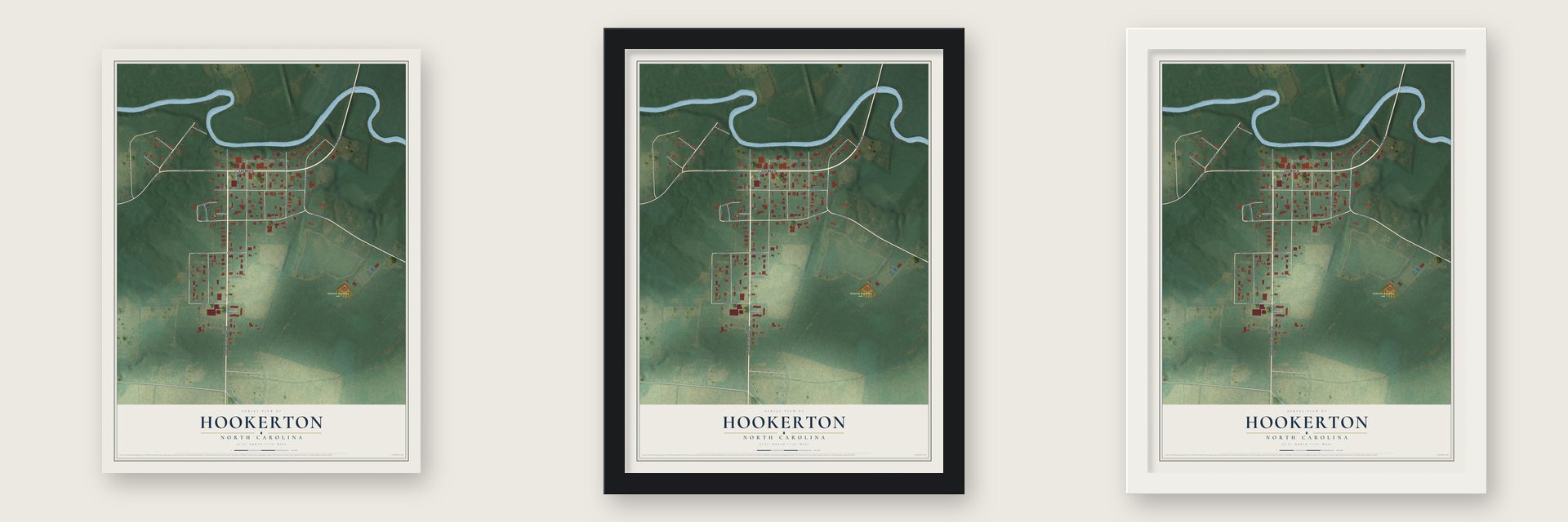 Hookerton, North Carolina map unframed, in a black wood frame and in a white wood frame