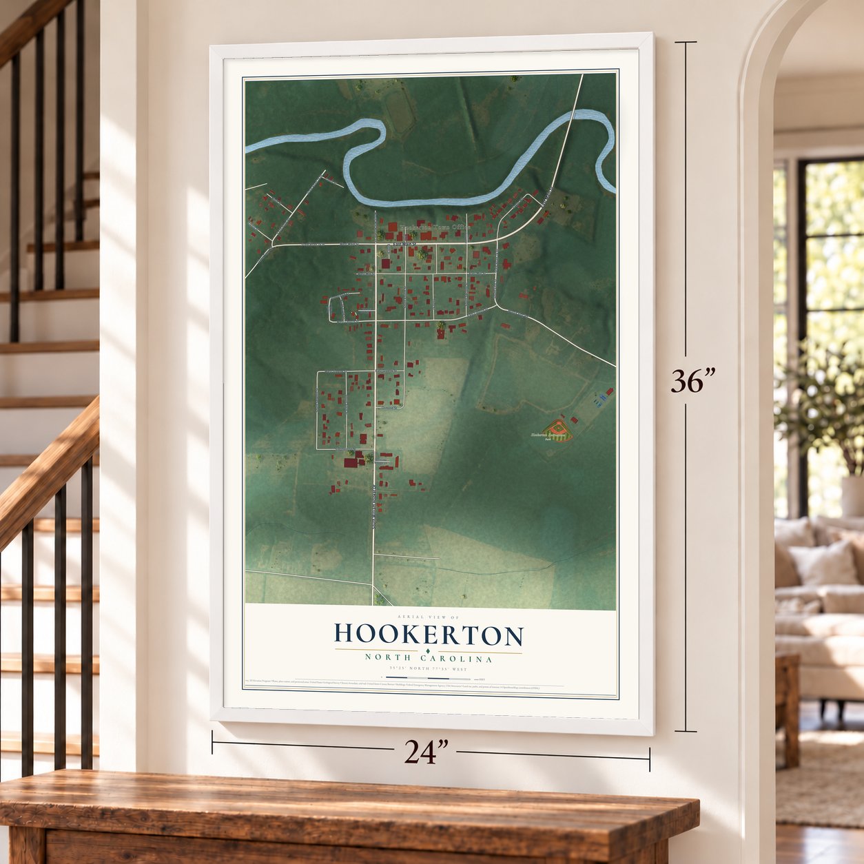 Hookerton, North Carolina map, 24 x 36 inch print in a white frame by a staircase