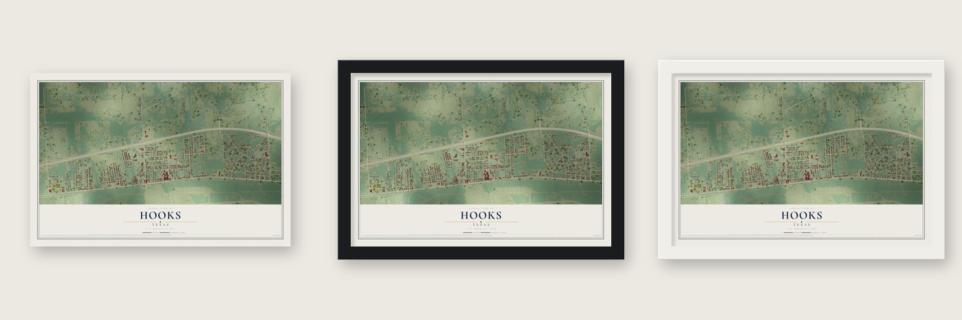 Hooks, Texas map unframed, in a black wood frame and in a white wood frame