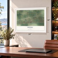 Hooks, Texas map, 18 x 24 inch print in a white frame in a home office