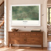 Hooks, Texas map, 24 x 36 inch print in a white frame above a dresser by a staircase