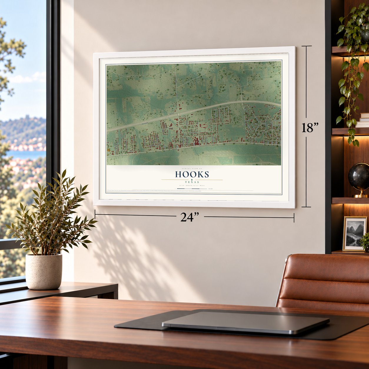 Hooks, Texas map, 18 x 24 inch print in a white frame in a home office