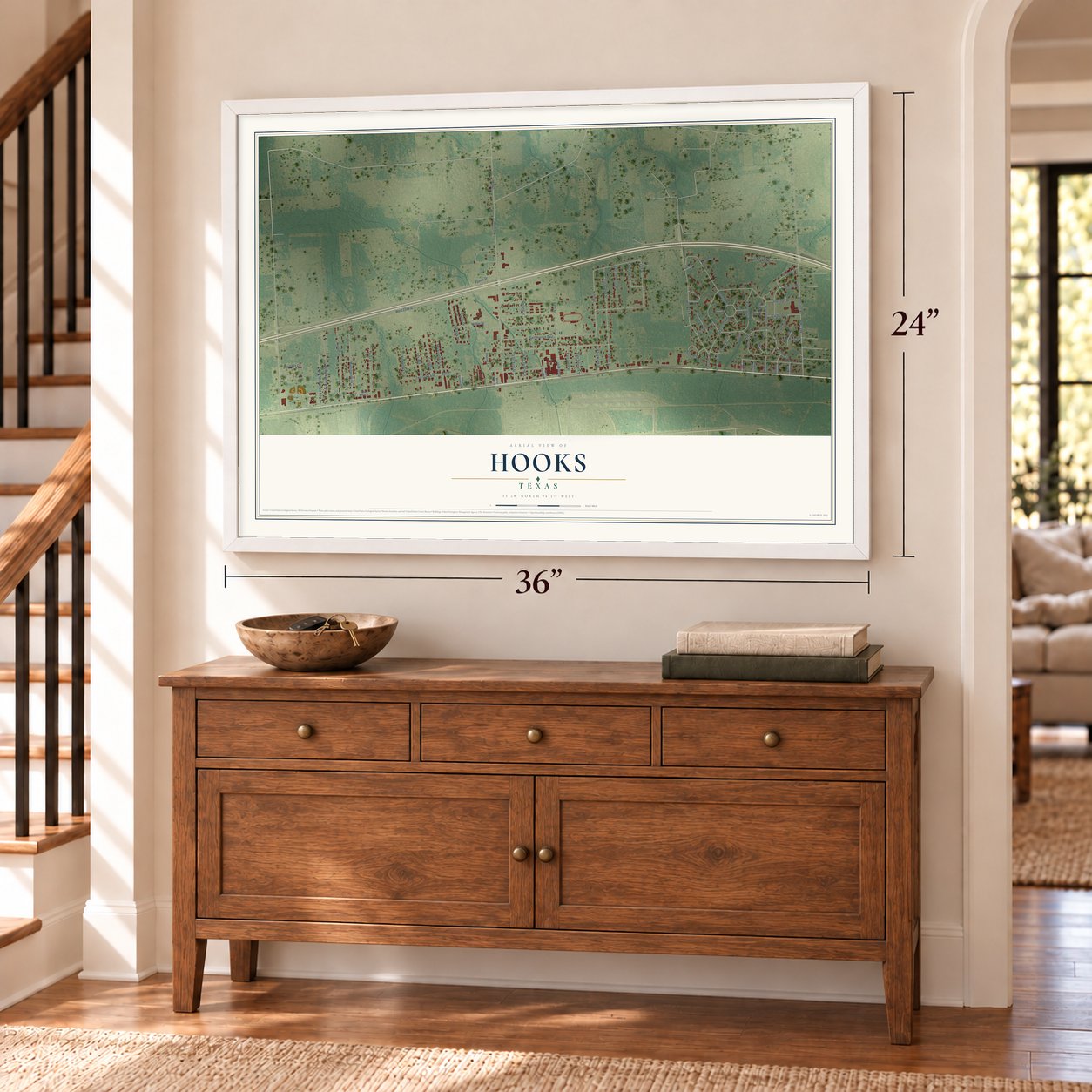 Hooks, Texas map, 24 x 36 inch print in a white frame above a dresser by a staircase