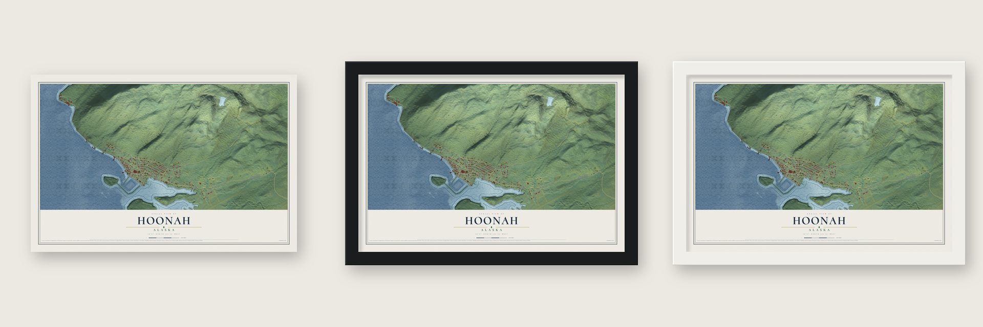 Hoonah, Alaska map unframed, in a black wood frame and in a white wood frame