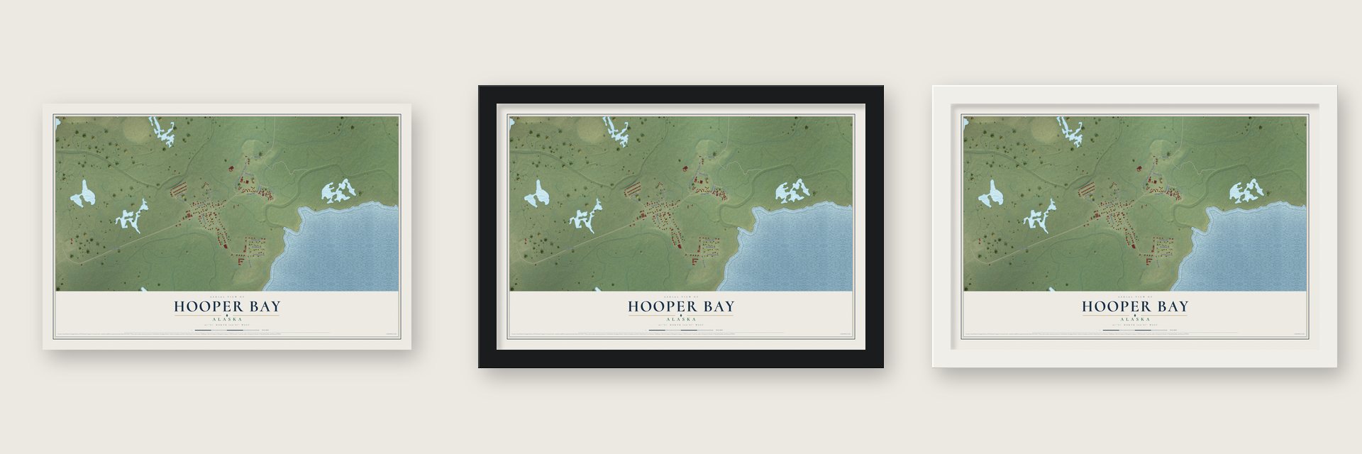 Hooper Bay, Alaska map unframed, in a black wood frame and in a white wood frame