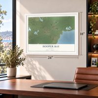 Hooper Bay, Alaska map, 18 x 24 inch print in a white frame in a home office