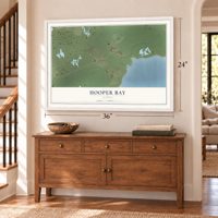 Hooper Bay, Alaska map, 24 x 36 inch print in a white frame above a dresser by a staircase