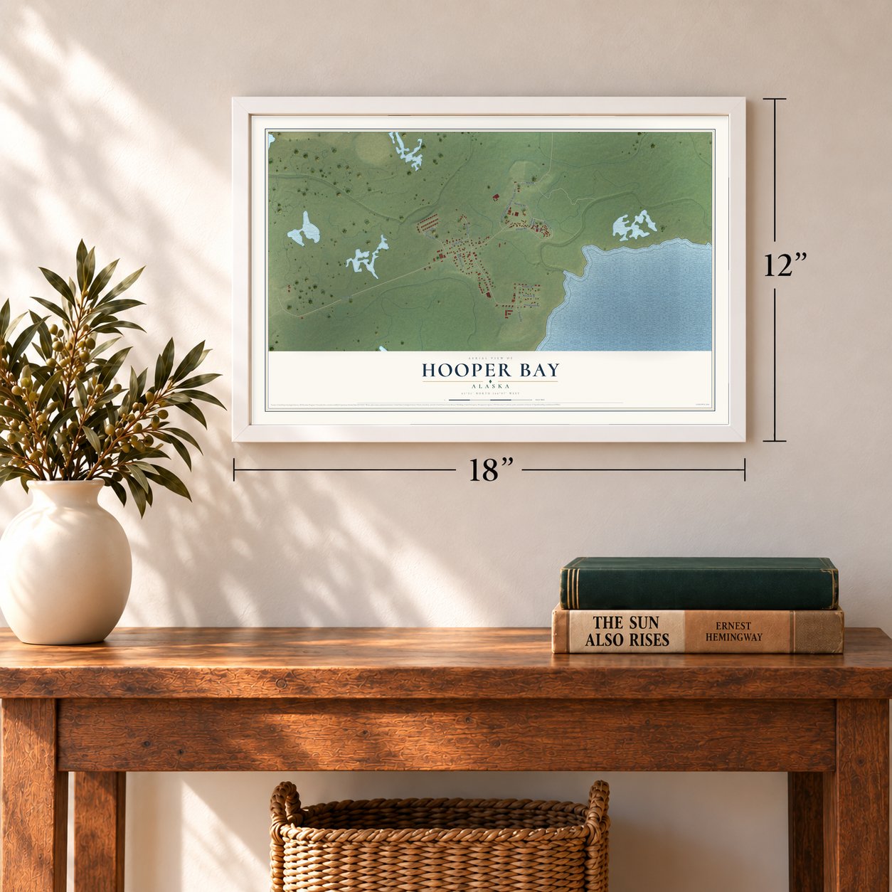 Hooper Bay, Alaska map, 12 x 18 inch print in a white frame in an entryway
