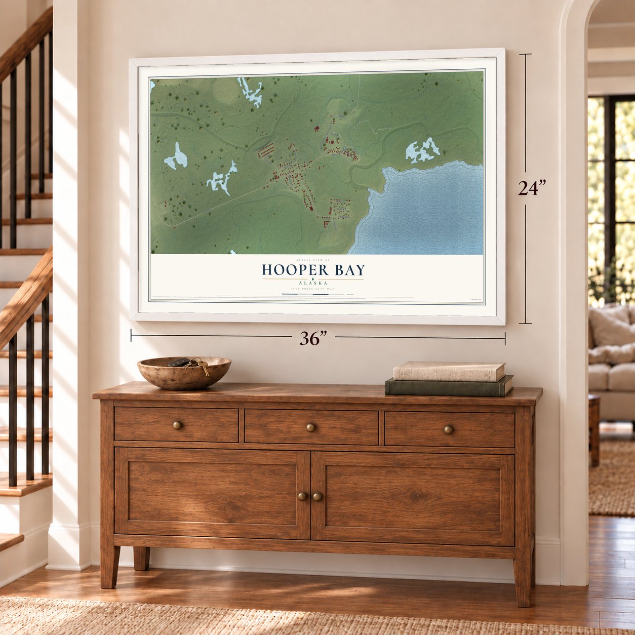 Hooper Bay, Alaska map, 24 x 36 inch print in a white frame above a dresser by a staircase