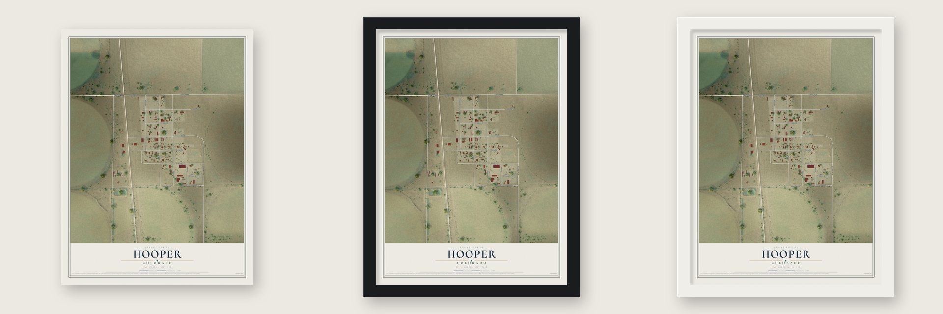 Hooper, Colorado map unframed, in a black wood frame and in a white wood frame