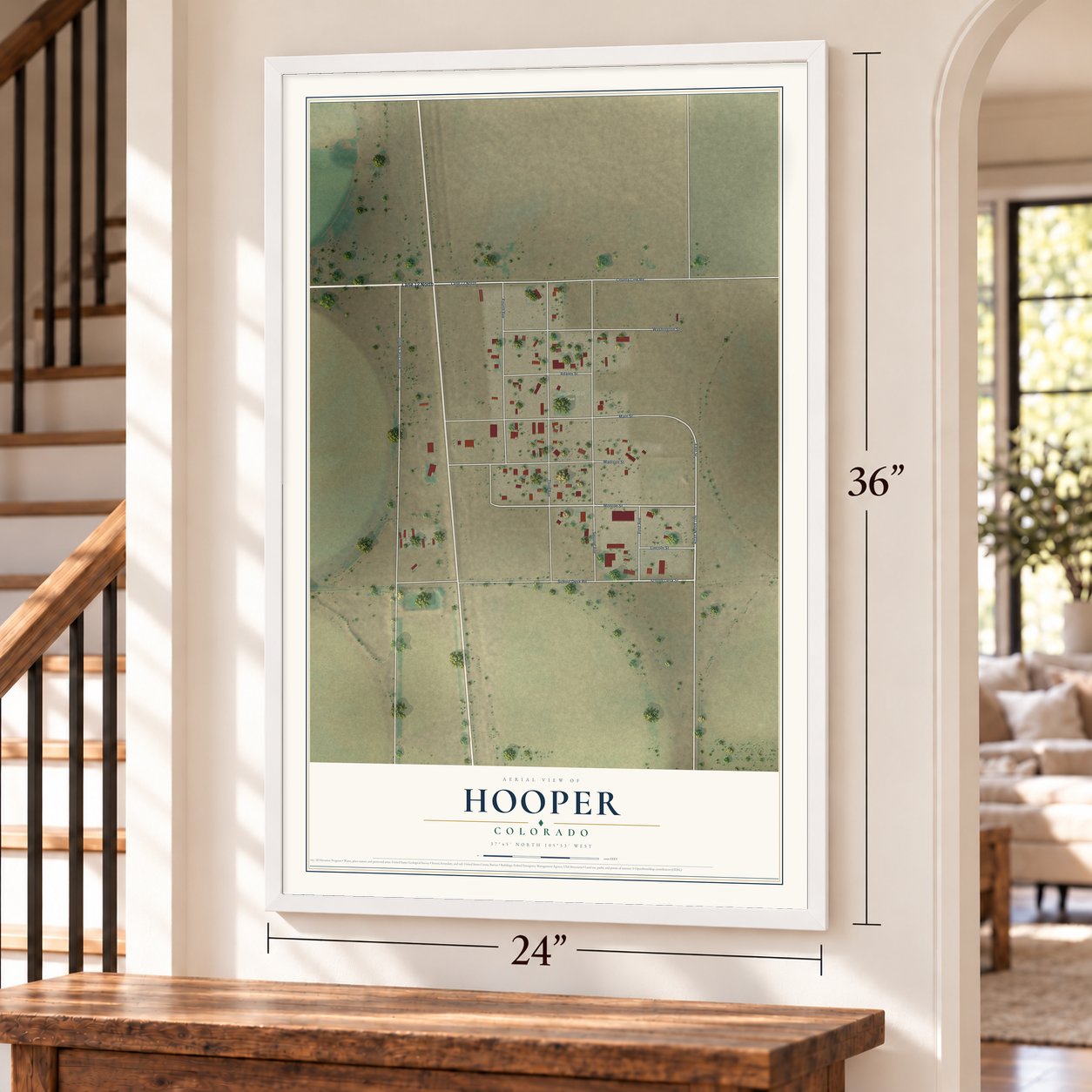 Hooper, Colorado map, 24 x 36 inch print in a white frame by a staircase