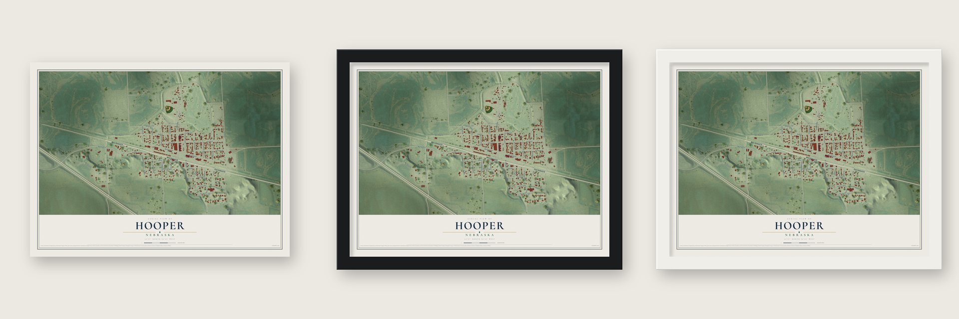 Hooper, Nebraska map unframed, in a black wood frame and in a white wood frame