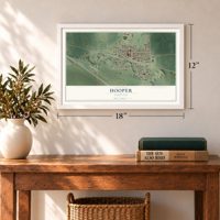 Hooper, Nebraska map, 12 x 18 inch print in a white frame in an entryway