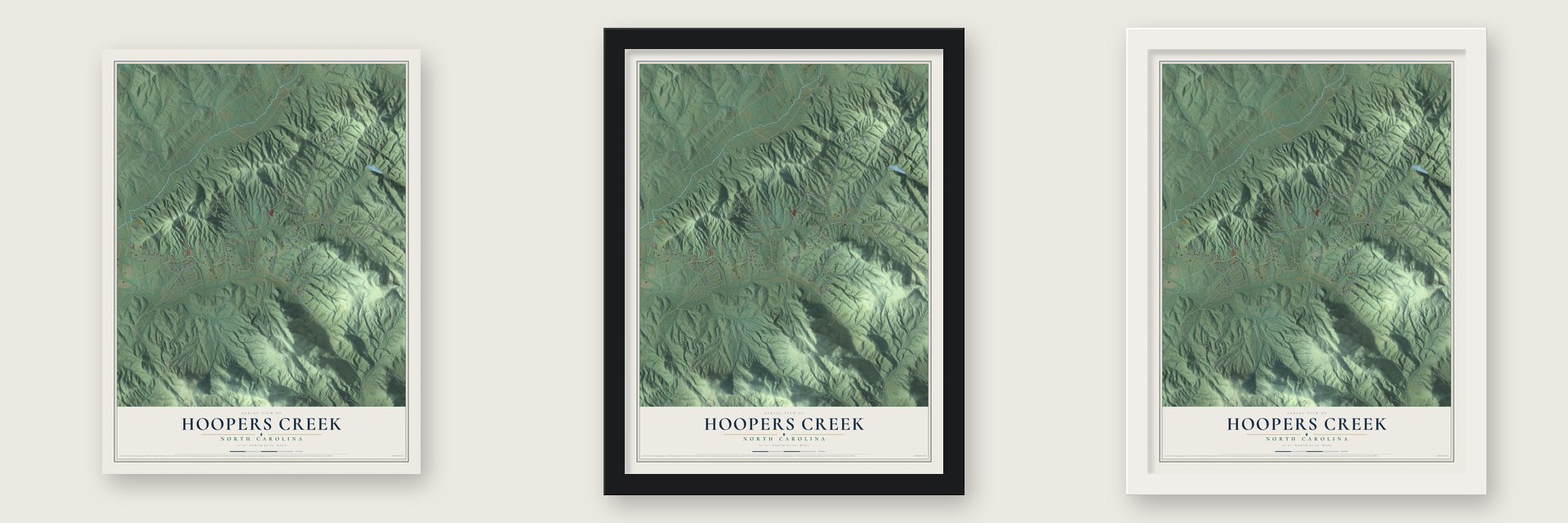 Hoopers Creek, North Carolina map unframed, in a black wood frame and in a white wood frame