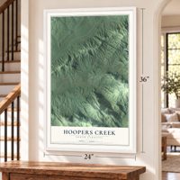 Hoopers Creek, North Carolina map, 24 x 36 inch print in a white frame by a staircase