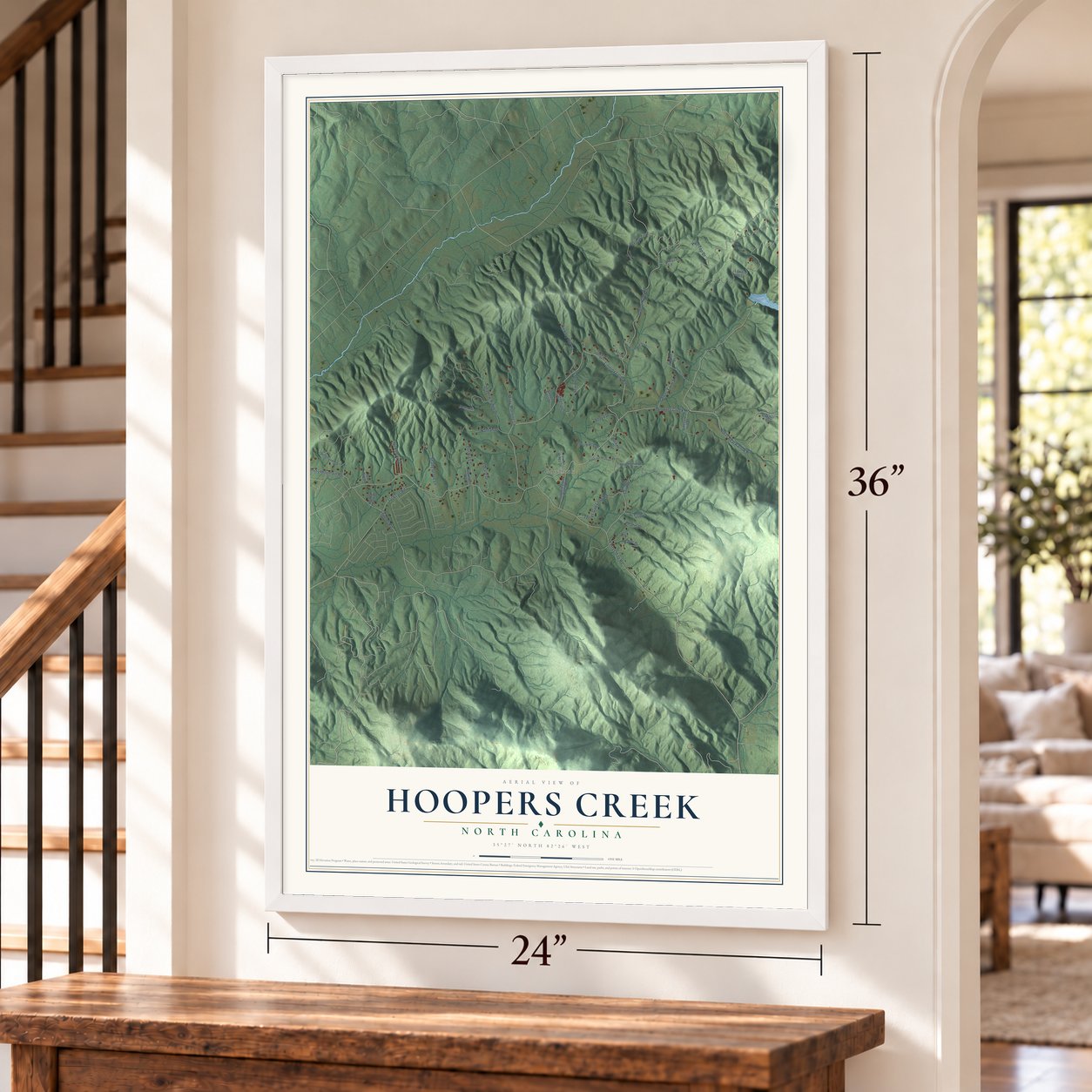 Hoopers Creek, North Carolina map, 24 x 36 inch print in a white frame by a staircase