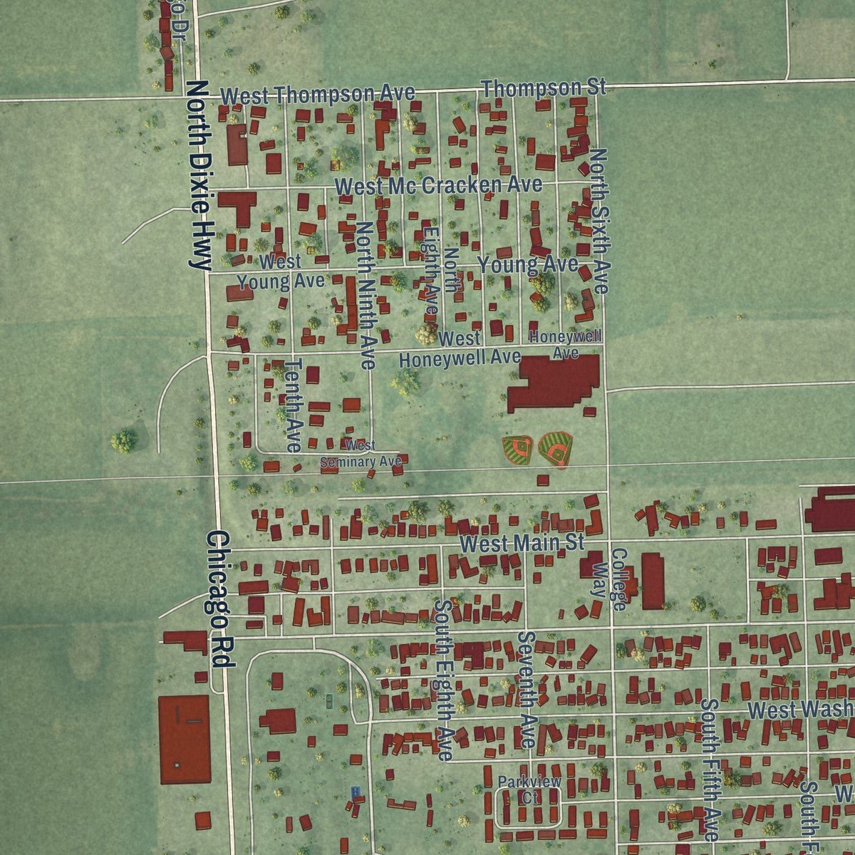 Second close-up of the map of Hoopeston, Illinois print showing more streets and buildings