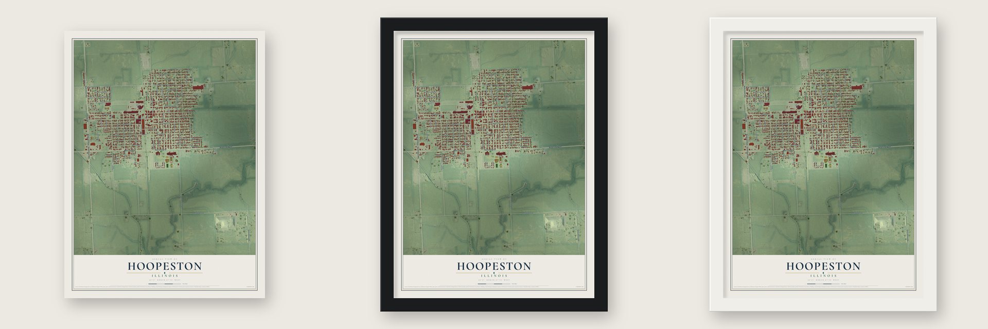Hoopeston, Illinois map unframed, in a black wood frame and in a white wood frame