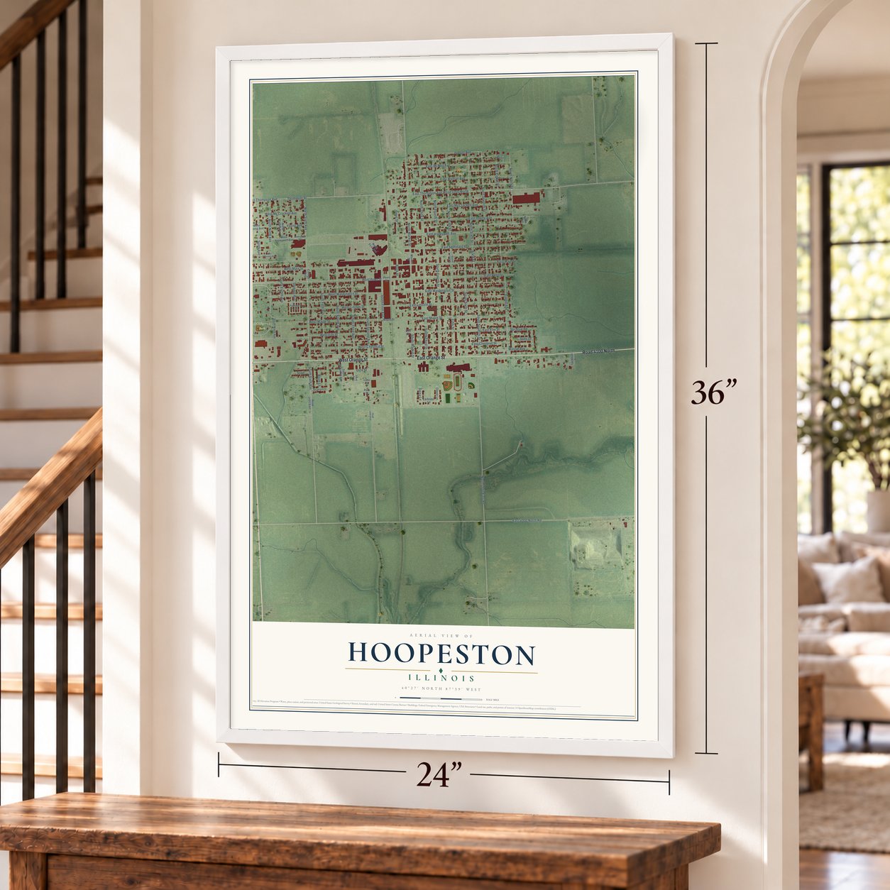 Hoopeston, Illinois map, 24 x 36 inch print in a white frame by a staircase