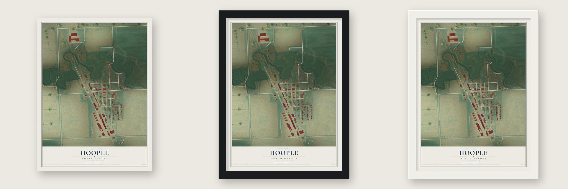 Hoople, North Dakota map unframed, in a black wood frame and in a white wood frame