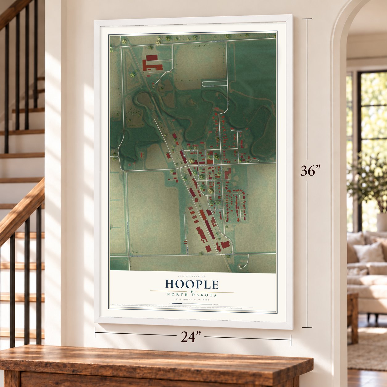 Hoople, North Dakota map, 24 x 36 inch print in a white frame by a staircase