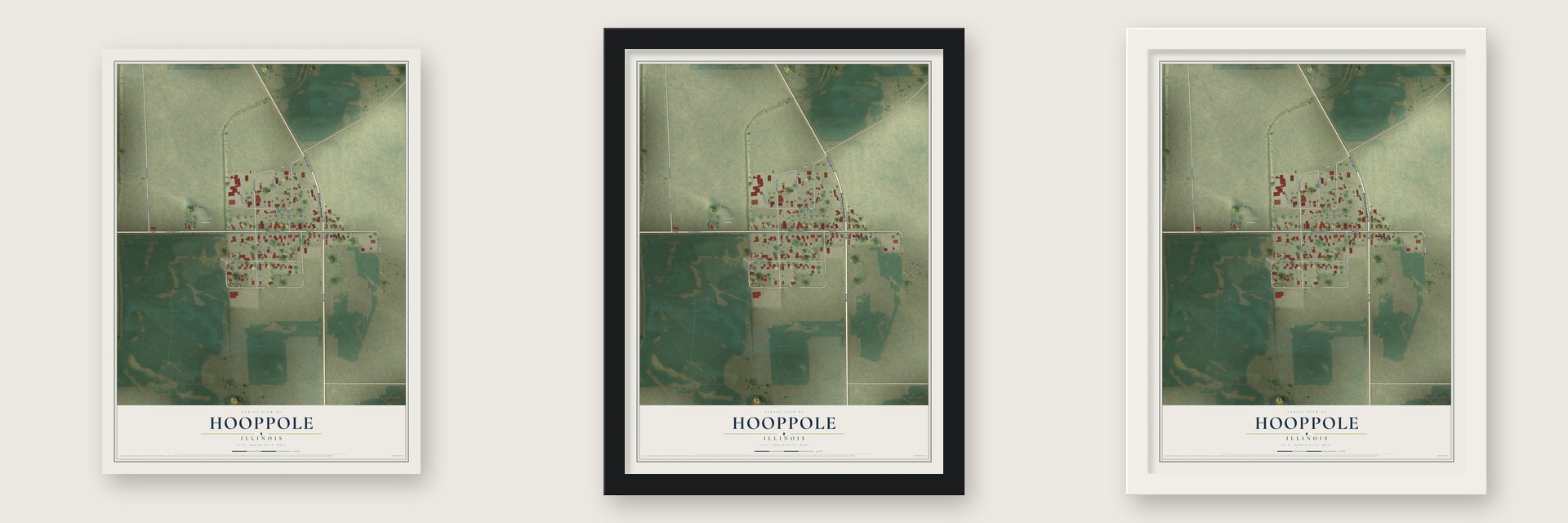 Hooppole, Illinois map unframed, in a black wood frame and in a white wood frame