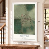 Hooppole, Illinois map, 24 x 36 inch print in a white frame by a staircase