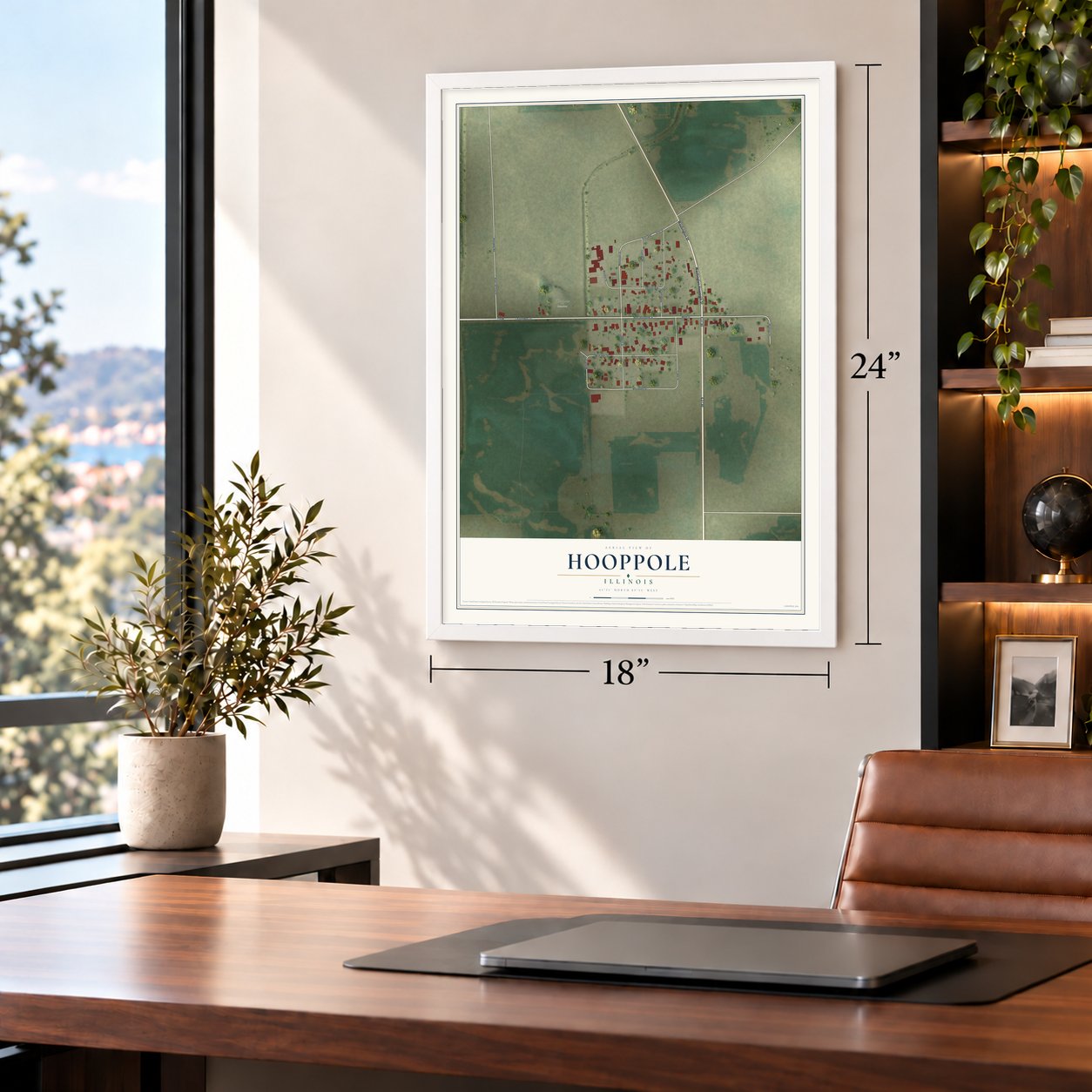 Hooppole, Illinois map, 18 x 24 inch print in a white frame in a home office