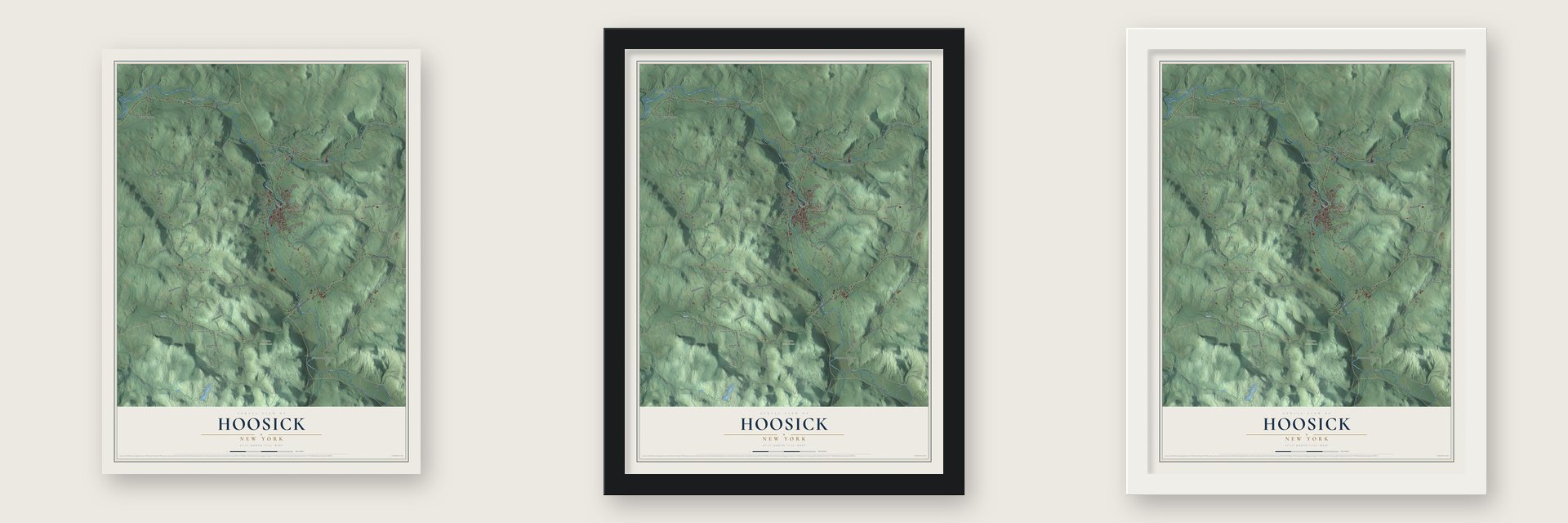 Hoosick, New York map unframed, in a black wood frame and in a white wood frame