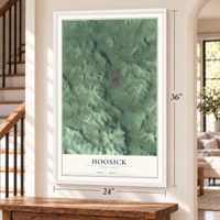 Hoosick, New York map, 24 x 36 inch print in a white frame by a staircase