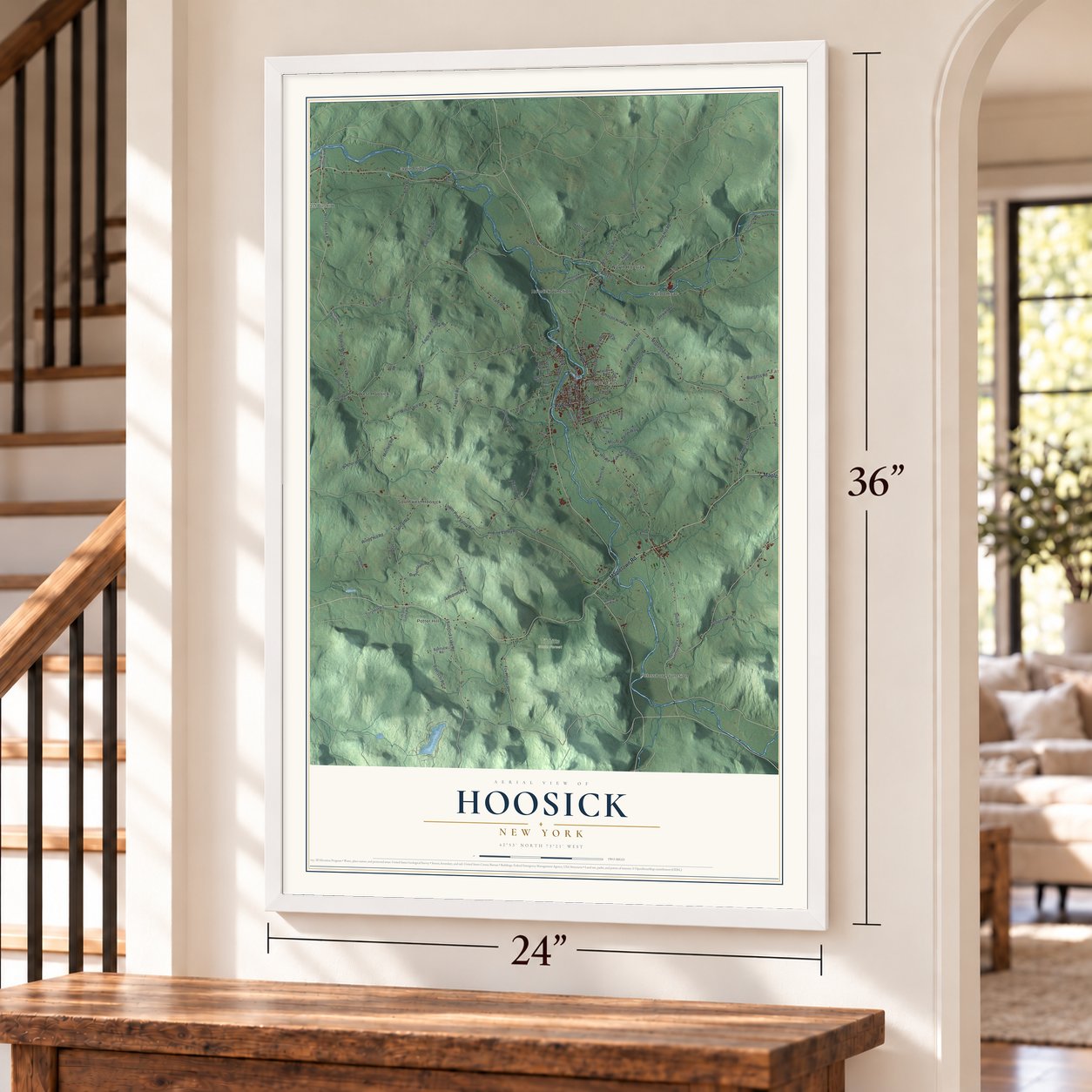 Hoosick, New York map, 24 x 36 inch print in a white frame by a staircase