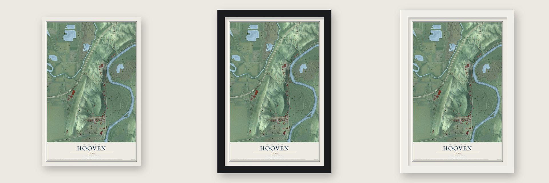 Hooven, Ohio map unframed, in a black wood frame and in a white wood frame