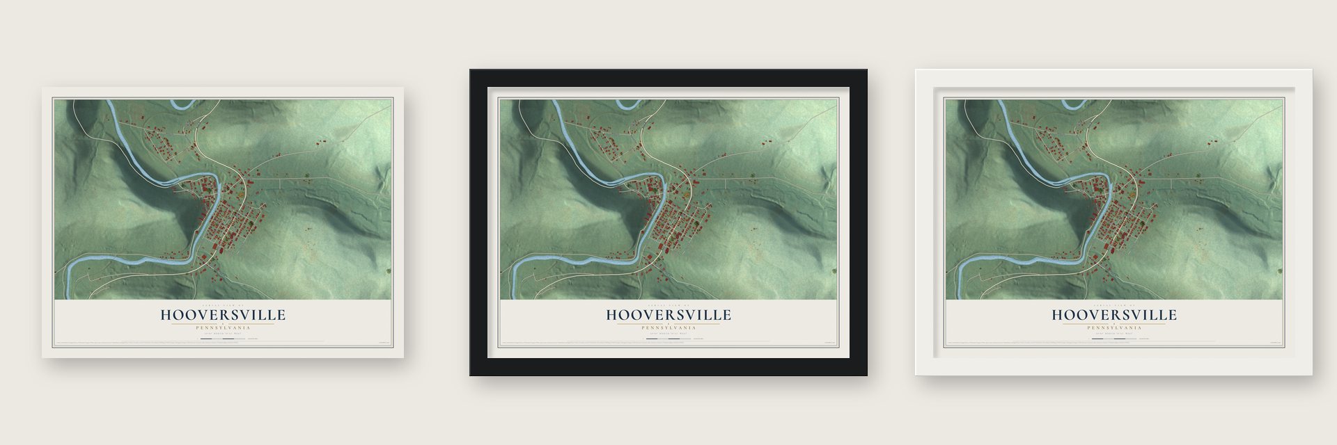 Hooversville, Pennsylvania map unframed, in a black wood frame and in a white wood frame