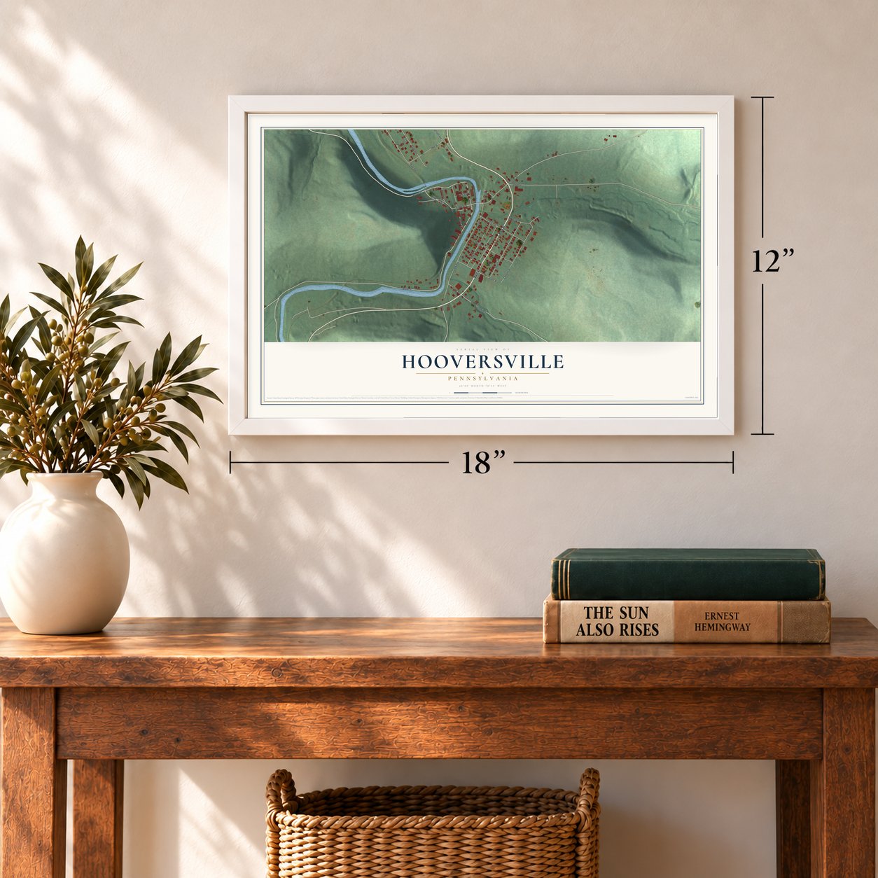 Hooversville, Pennsylvania map, 12 x 18 inch print in a white frame in an entryway