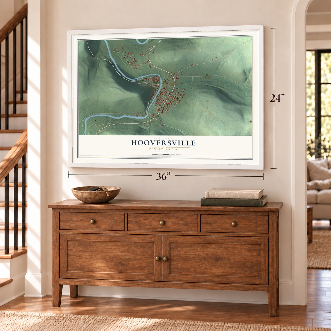 Hooversville, Pennsylvania map, 24 x 36 inch print in a white frame above a dresser by a staircase