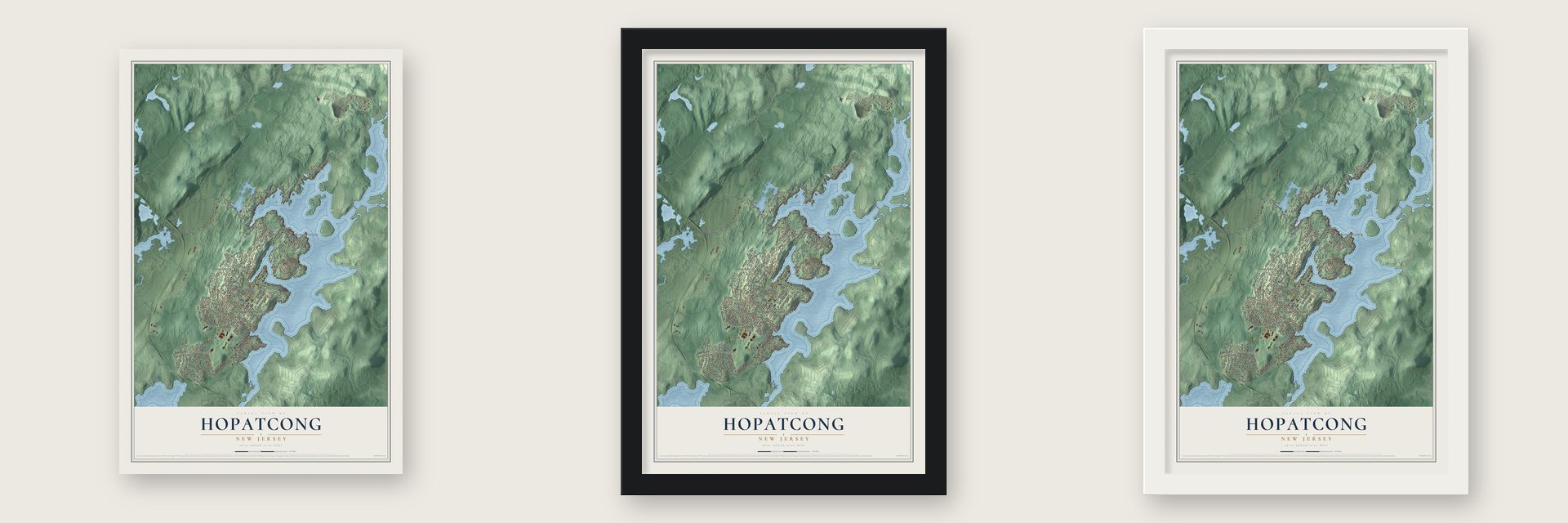 Hopatcong, New Jersey map unframed, in a black wood frame and in a white wood frame